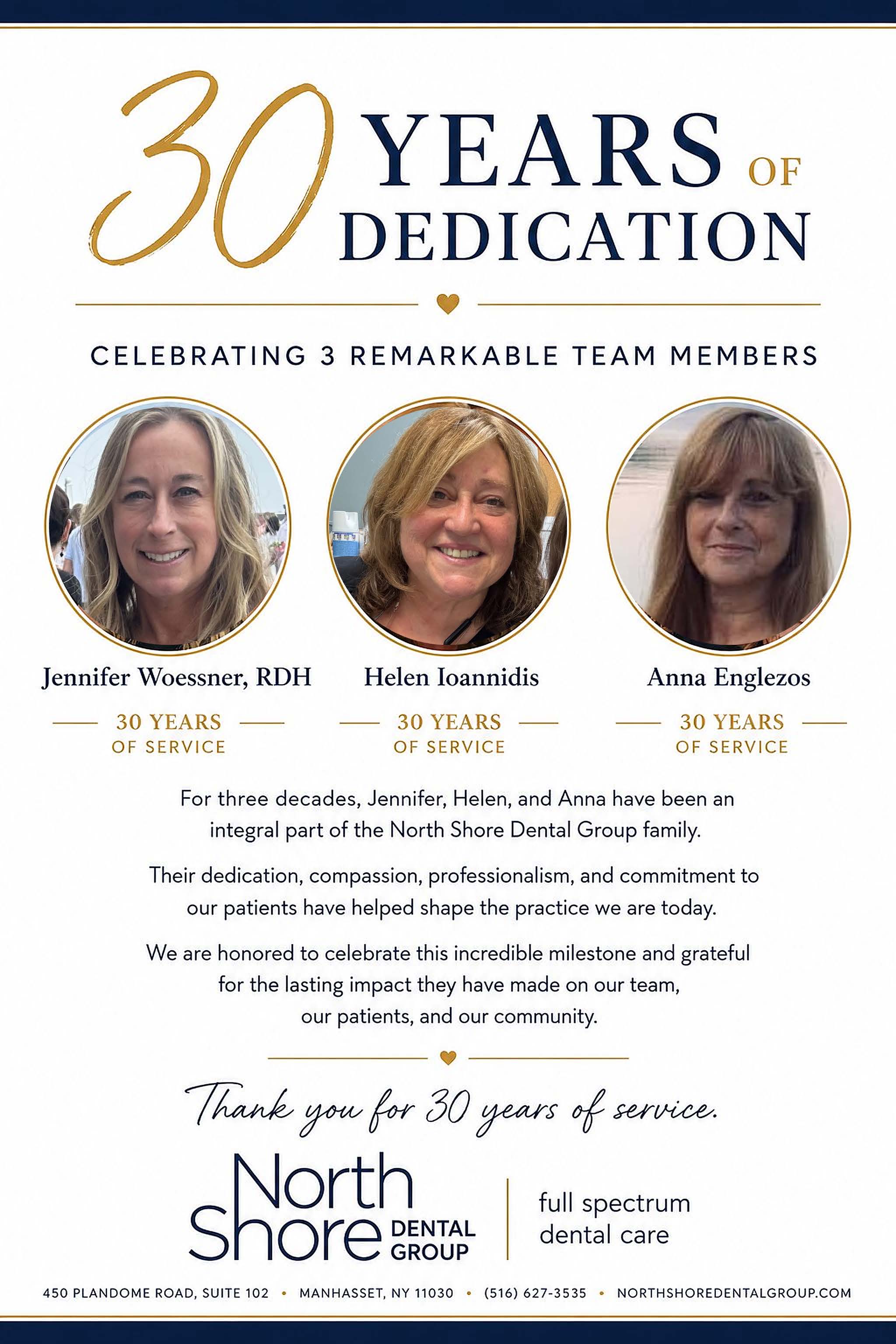 30 Years of Dedication — celebrating Jennifer Woessner, Helen Ioannidis, and Anna Englezos for 30 years of service at North Shore Dental Group