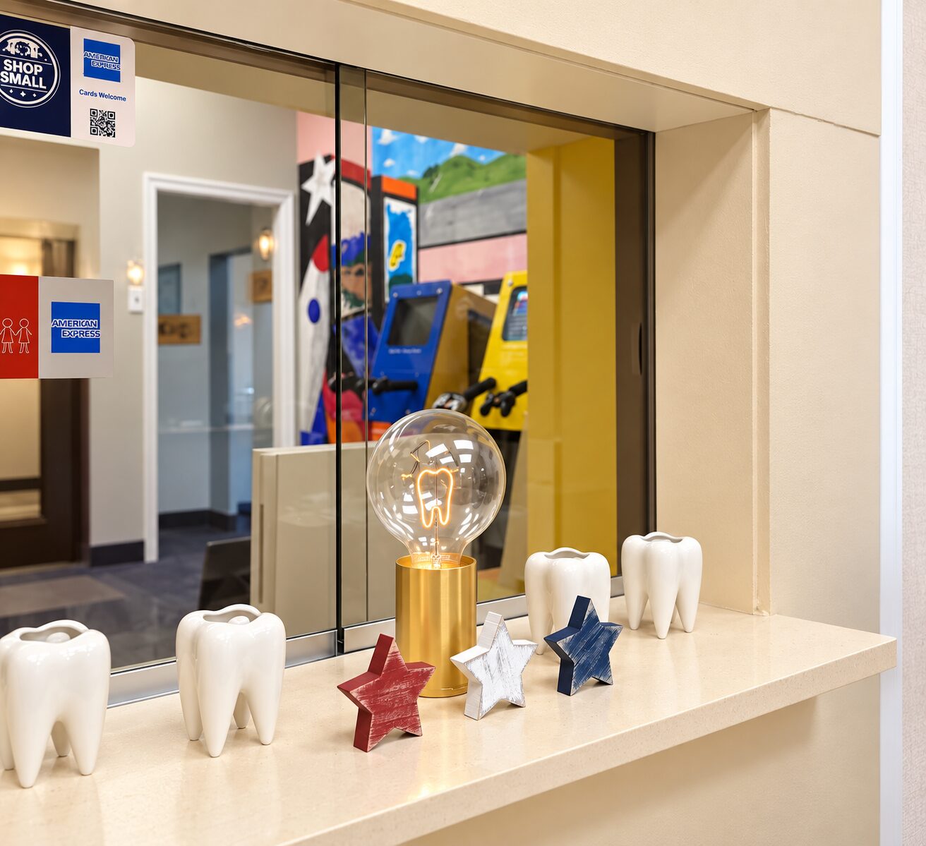 Display window looking into the Kids' Corner at North Shore Dental Group
