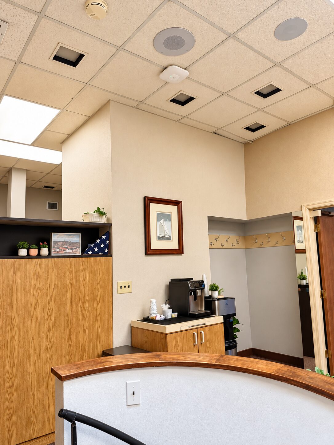 Complimentary coffee station in the reception area at North Shore Dental Group